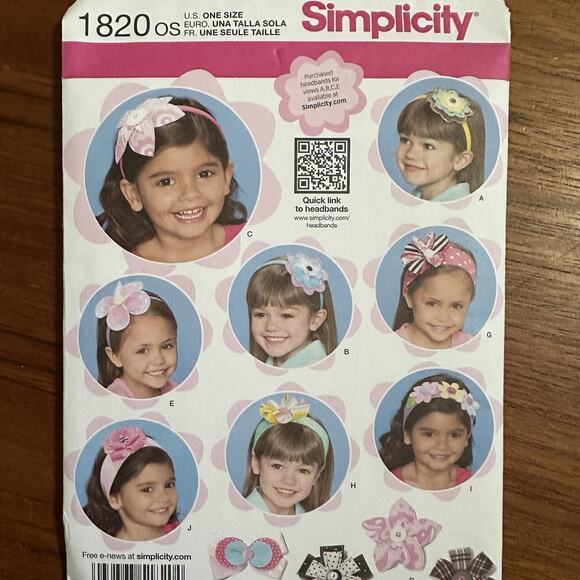UNCUT Simplicity 1820 Pattern Girls Hair Accessories Flowers Headbands Bows - Picture 1 of 2